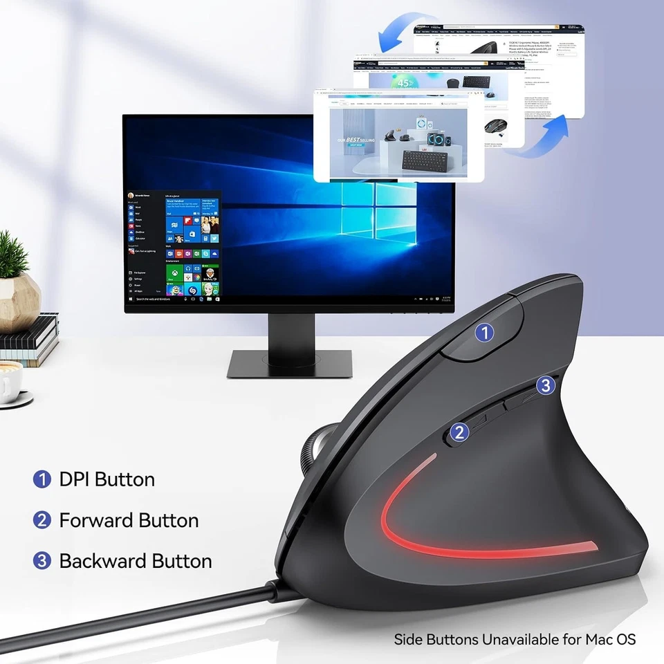 TECKNET Wired Ergonomic Mouse 6400DPI Wired Vertical 6-Button Silent 4 Levels UK - Image 2 of 4