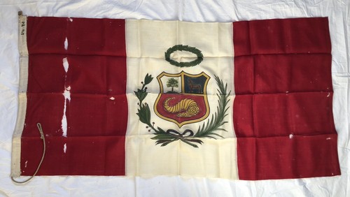 Vintage 1940s Peru Flag Hand Painted Coat of Arms Sewn Linen 4’6” Moth damage