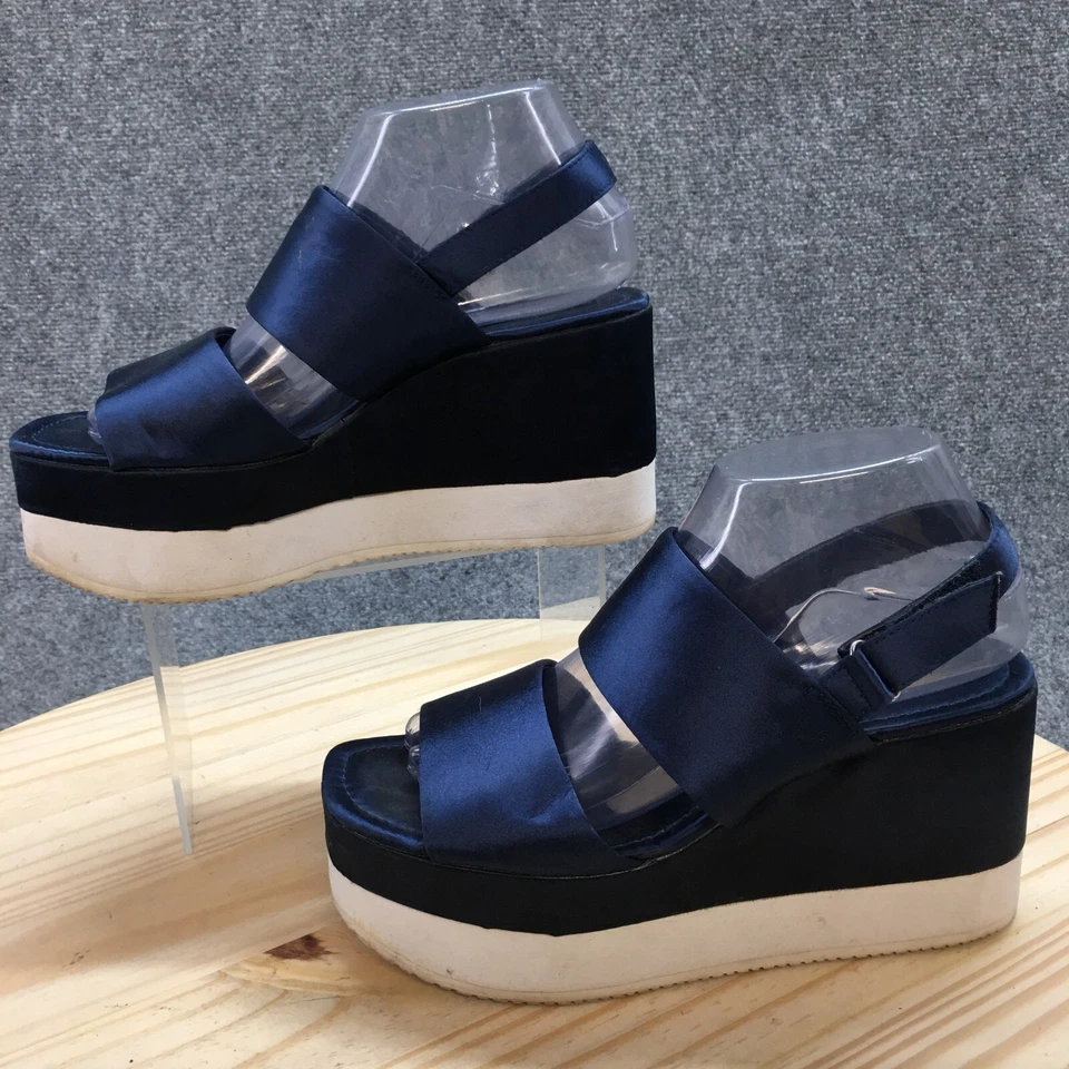 Zara 基本款凉鞋女式 38 休闲厚底楔形露背白色蓝色面料 — 第 2/4 张图片