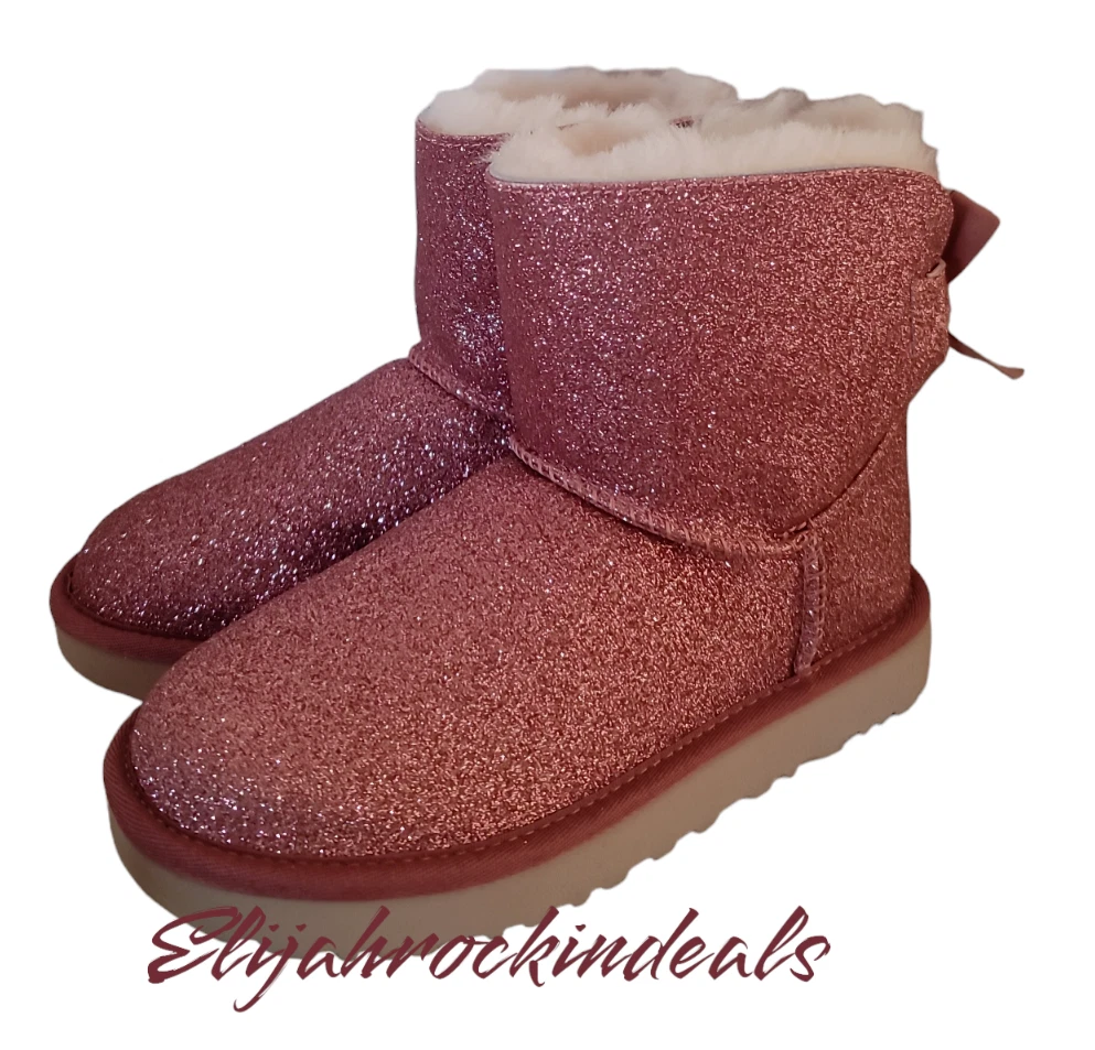 NEW UGG WOMEN MINI BAILEY PINK SPARKLE GLITTER BOOTS SIZE 5