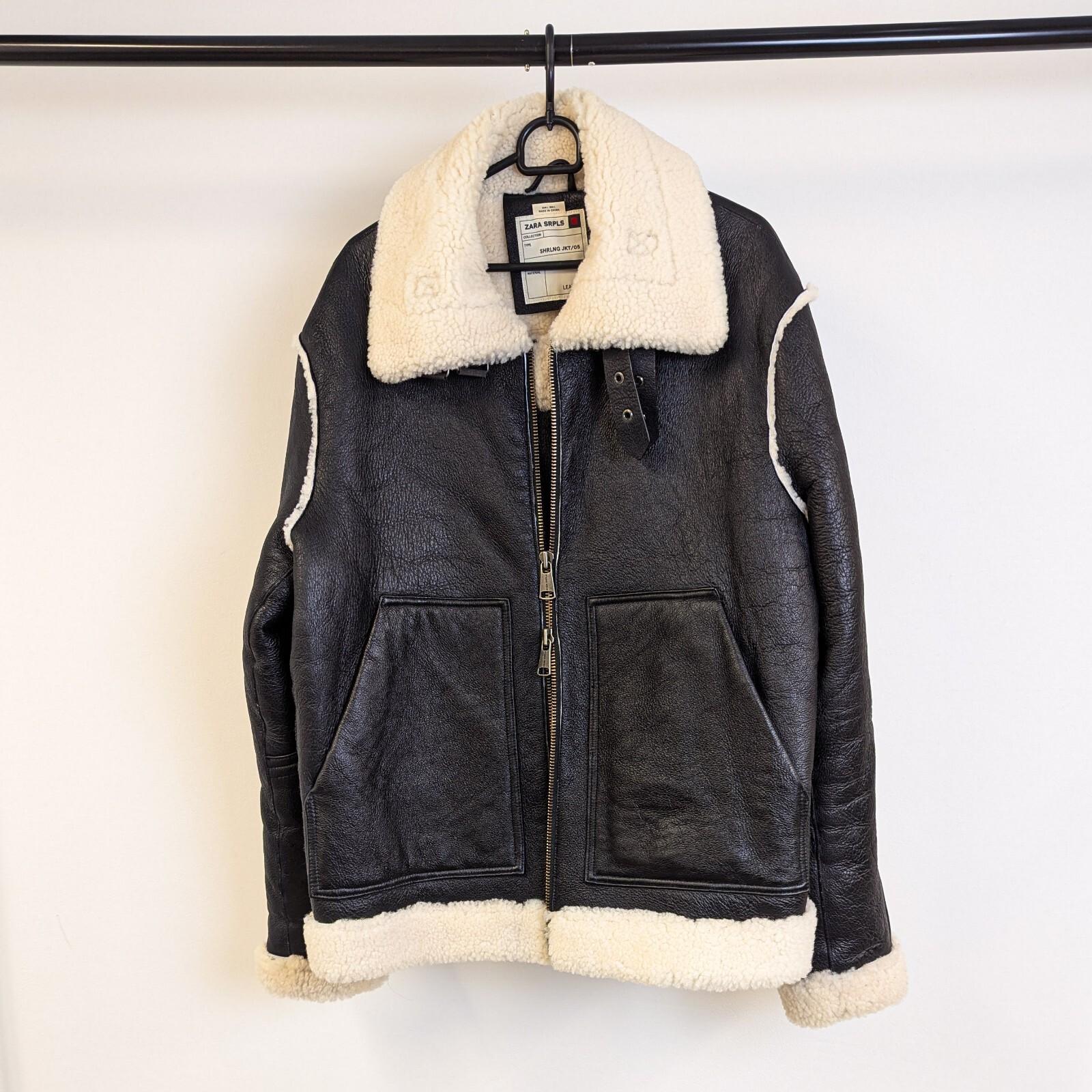 ZARA SRPLS 100percent Leather Shearling Jacket LARGE black aviator bomber edition L 42 image 4
