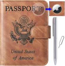 Leather RFID Blocking Passport Holder with Airtag Brown