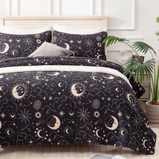 EXQ Home King Quilt Set Black Print 3 Piece Lightweigh Sun Starry Modern Coverle