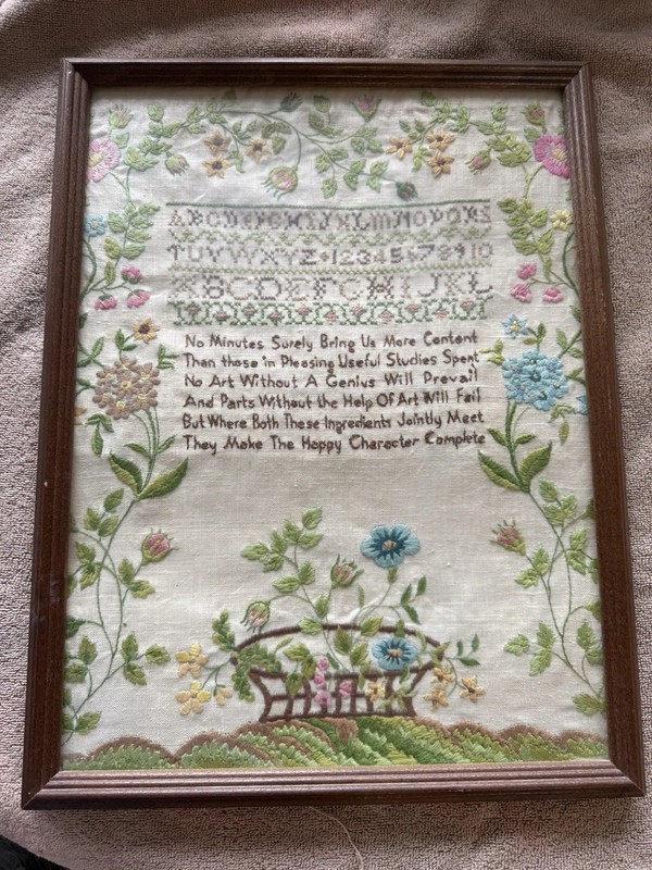 Vintage Sampler Embroidery Cross Stitch. frame & Glass large 17x13 beautiful