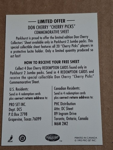 1992-93 DON CHERRY PICKS PARKHURST REDEMPTION CARD NHL HOCKEY - Picture 2 of 3