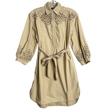 Gap Eyelet Mini Shirtdress Womens XXS Khaki Tan Elbow Puff Sleeves Preppy 2024