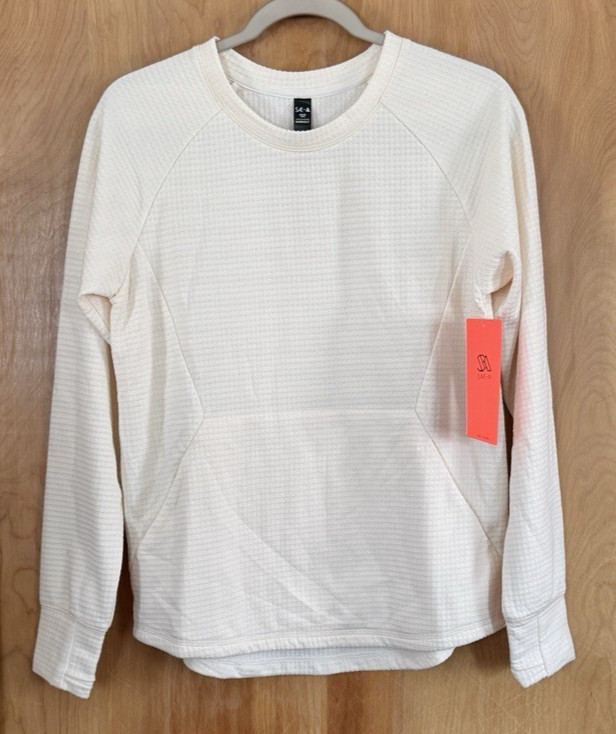 Sae-A Active Womens Grid Jacquard Fleece Pullover Top Size M Off White Cream NWT