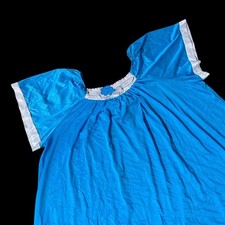 Vintage Blue Nightgown White Floral Detail Silky Feel Muumuu Short Sleeve