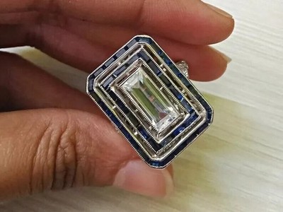 Art Deco Style Lab Created Diamond & Sapphire Anniversary 14K White Gold FN Ring
