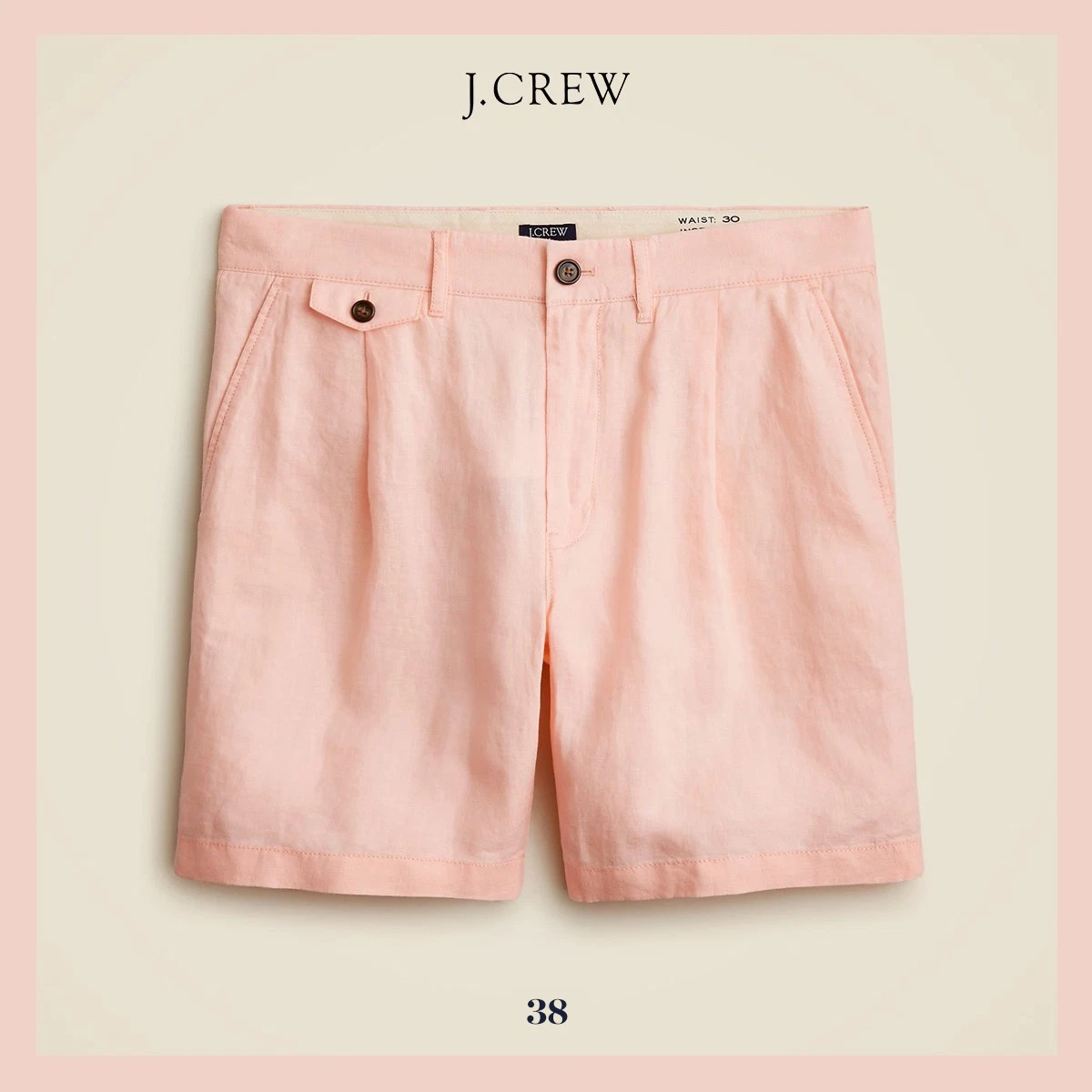 NWT - J. Crew Men's 7.5" Pleated 100% Linen Short, Butter Pink 38 Waist - $89