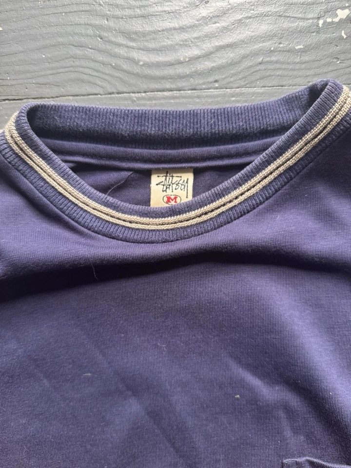 1990s vtg STUSSY SINGLE STITCH LOGO EMBROIDERED LONG SLEEVE POCKET TEE M USA - Image 2 of 4