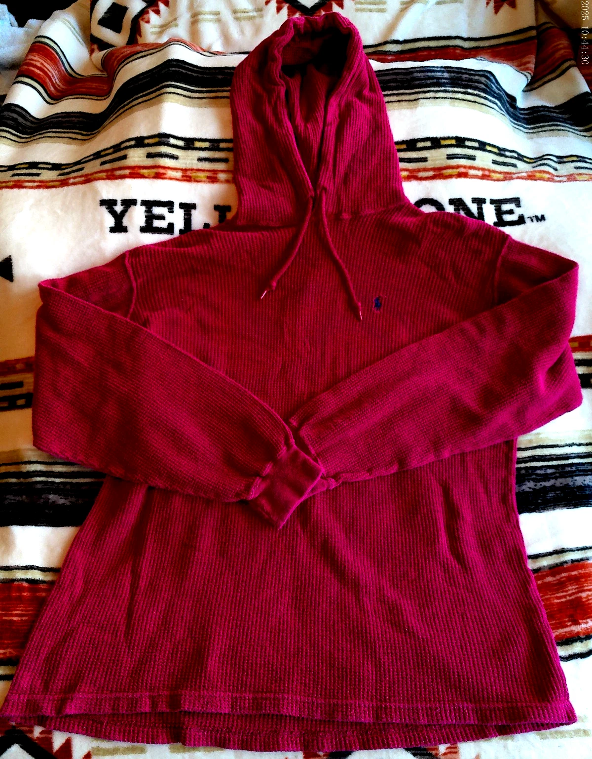 RALPH LAUREN POLO VTG WAFFLE KNIT HOODIE XL RED SMALL PONY NO POCKETS PAKISTAN