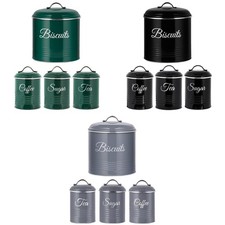 Tea Coffee Sugar Canisters And Biscuit Tin Set Higgh Gloss Chrome Handle Retro