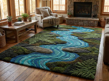 New Modern Hand-Tufted Wool Moss 3D River Terrain, Botanical Rug Home Decor