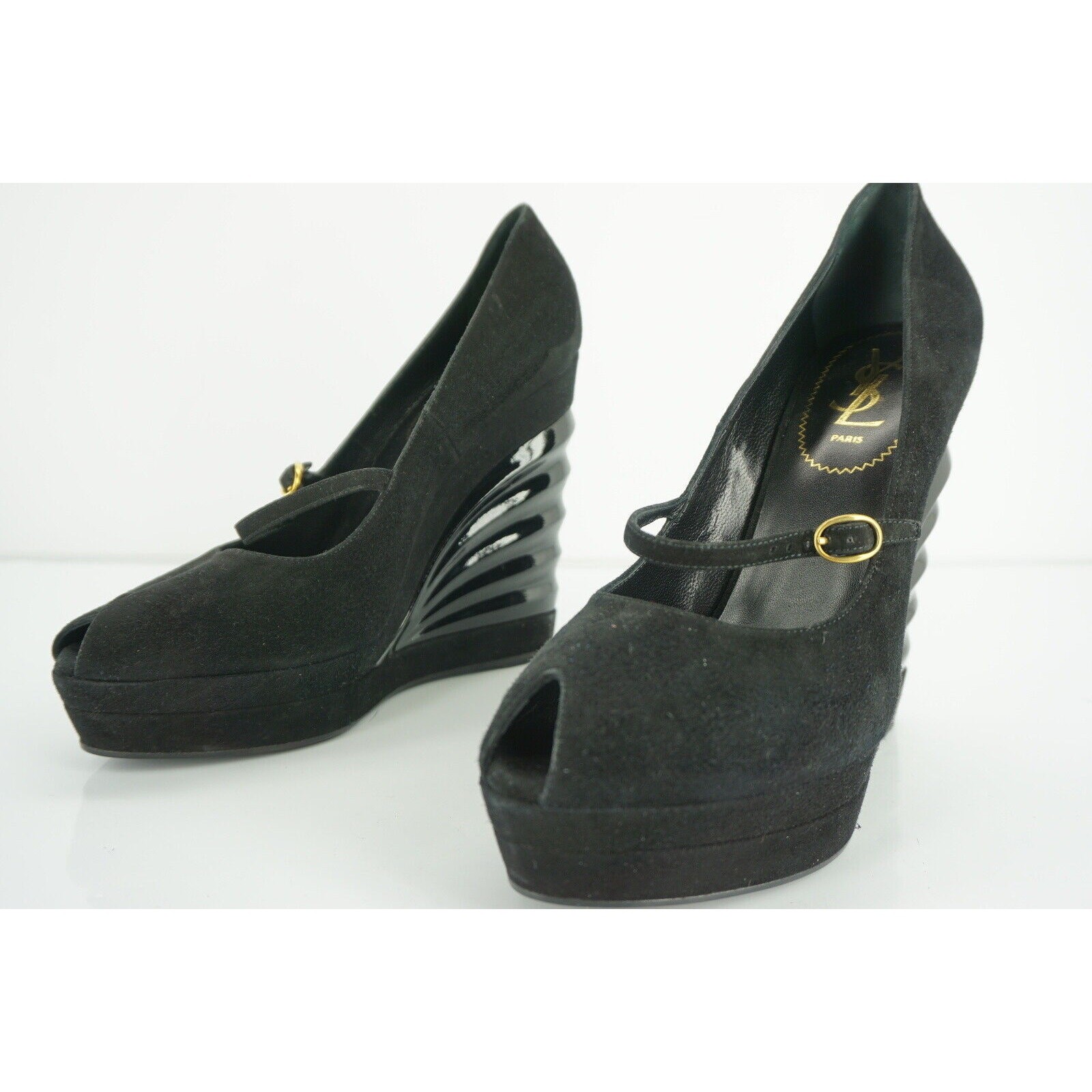 Decolte Saint Laurent scamosciate Mary Jane con zeppa modellata alata taglia 38 5 nuove $950 Yves