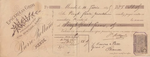 28 francs - bank check receipt - wholesale grocery store - 1899