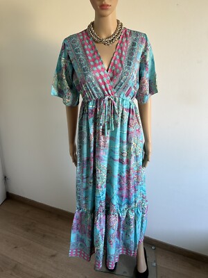 Neues langes Kleid türkis-rosa Seide Bigg Bull Einheitsgröße 