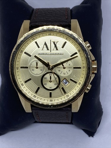 Armani Exchange AX2099 Men Brown Leather Analog Champagne Dial Wrist Watch UC296 - Picture 2 of 12