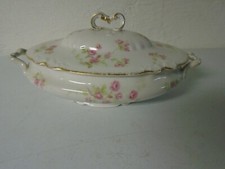 Vintage Limoges Coronet France Gold Pink Flowers Serving Bowl w Lid