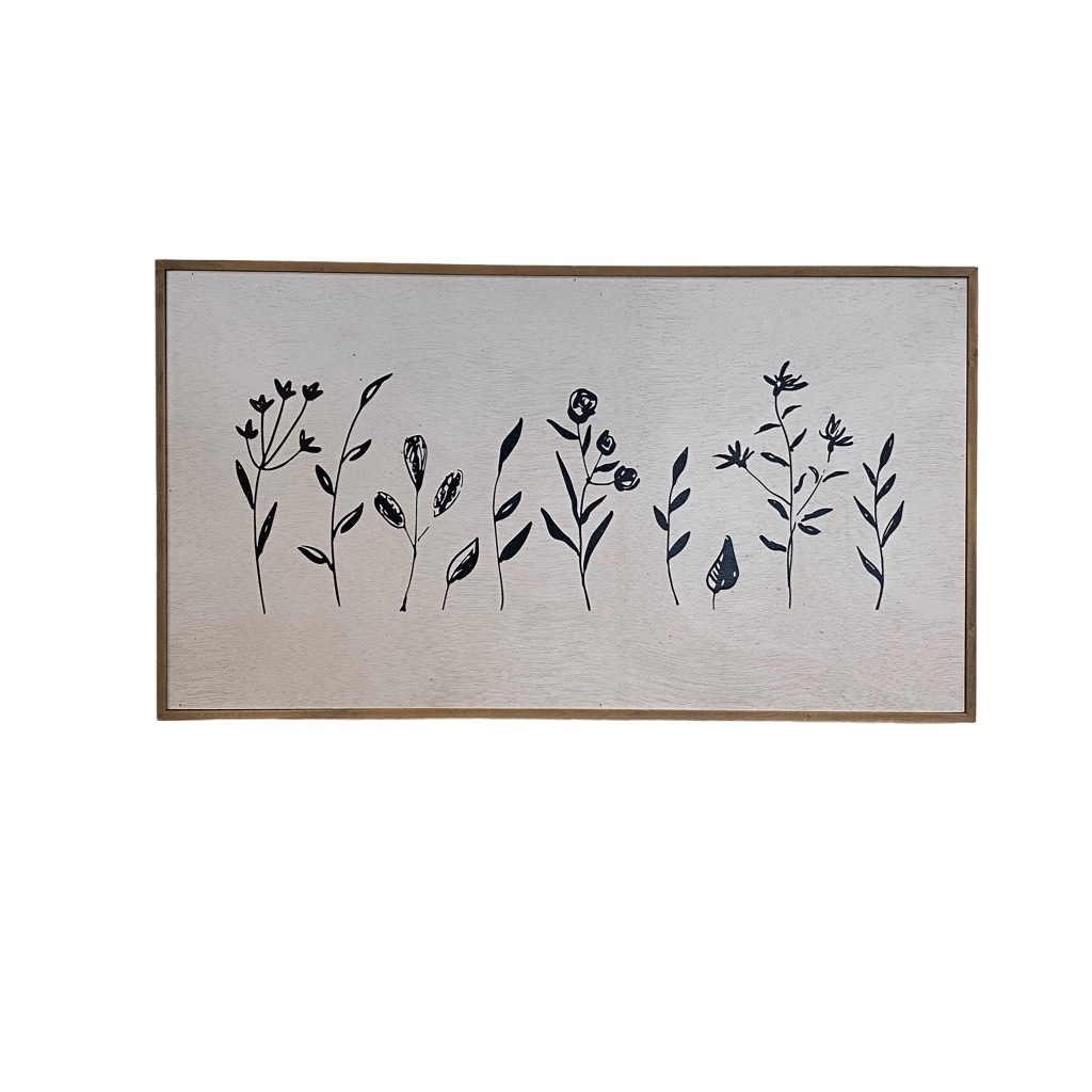 Modern Farmhouse Floral Wall Art White Black Flowers Light Wood Frame