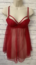 Victoria  s Secret 32C Red Push Up Babydoll Chiffon Lace Neglige Boudoir Fairy