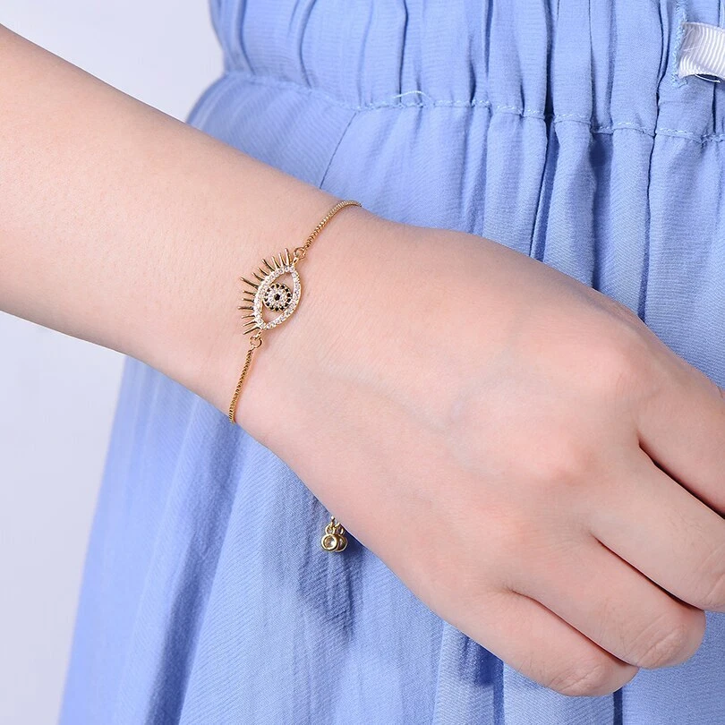 Evil Eye Rose Gold Plated Blue Round Cubic Zirconia Thin Adjustable Bracelet - Image 4 of 4