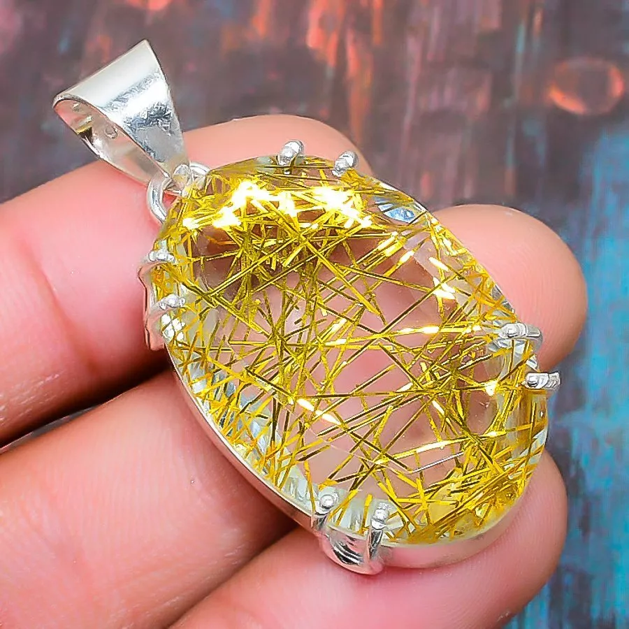 Golden Rutile Gemstone Handmade Gift Jewelry Pendant 1.77
