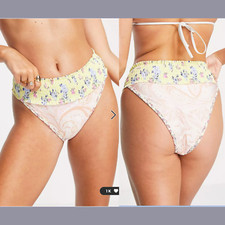 NWT River Island  10 US  Mixed Floral High Rise Bikini bottoms in Yellow 4523