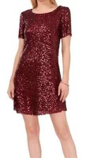 Vince Camuto Dark Wine Sequined Round-Neck Short-Sleeve Dress Size Small