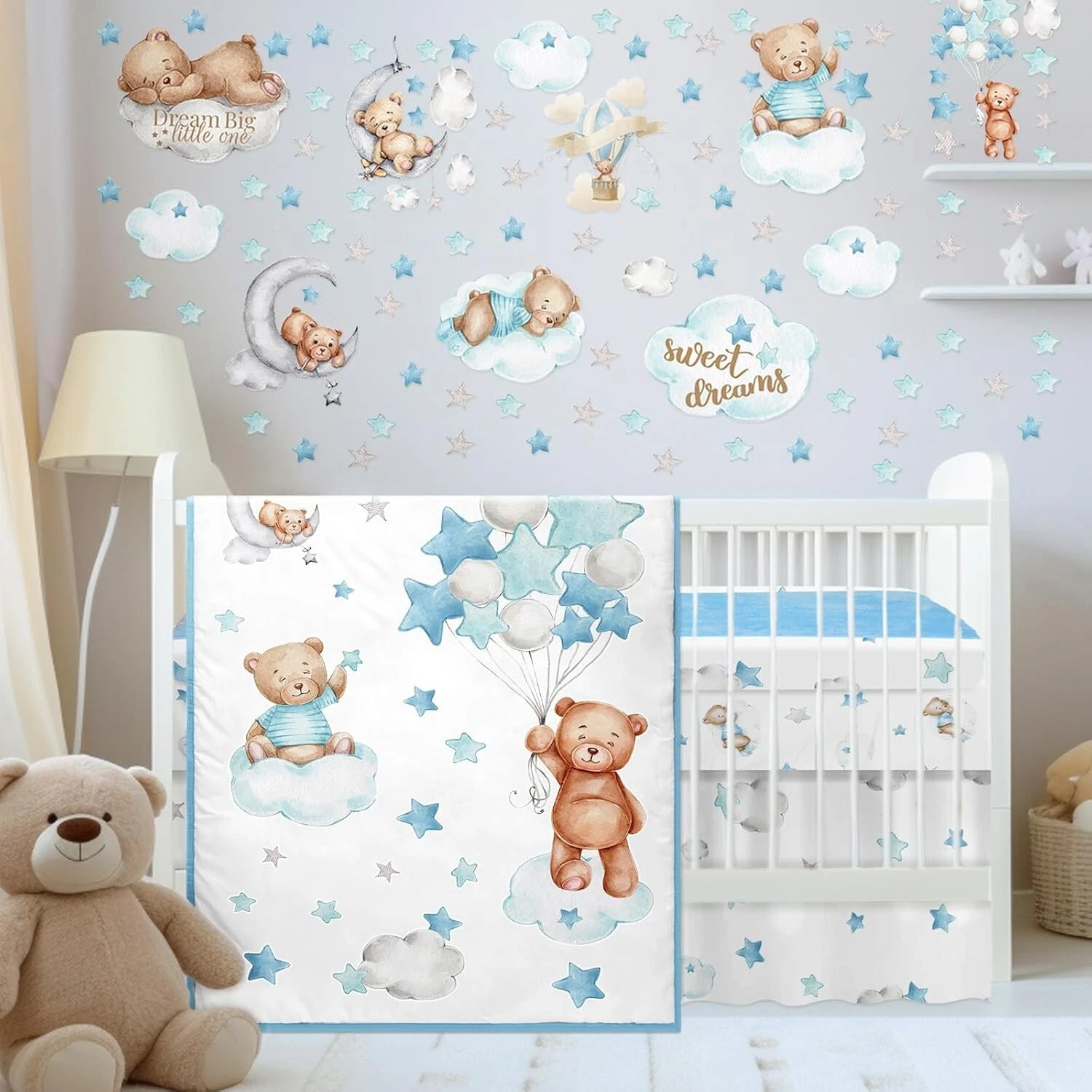 3 Pcs Cloud Balloon Bear Theme Crib Bedding Set for Boys Baby Nursery Mini Crib