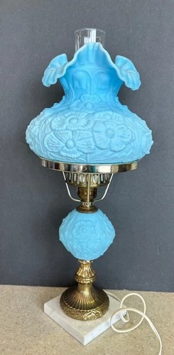 Vintage Fenton Light Blue Satin Poppy Gone With The Wind Lamp 21" Tall