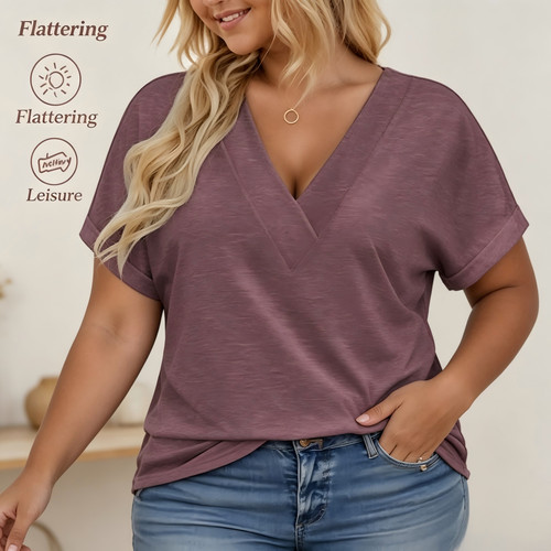 Trendy Summer Tops, Plus Size Women V Neck Rolled Sleeve Tees