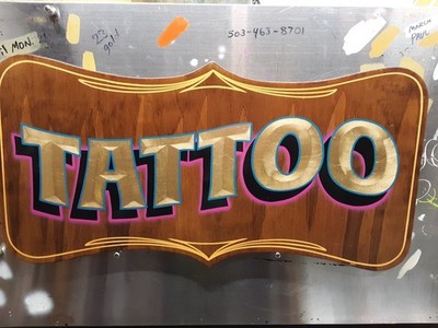 Tattoo Sign. Hand painted dimensional burnish gold leaf, airbrush fade shadow.