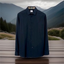 Burberry Men  s Blue Solid Long Sleeve Collared Button-Down Dress Shirt Logo