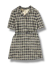 Gucci GG Tweed Dress Womens IT 42 Beige Black Monogram Belted Short Sleeve