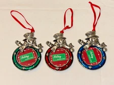 3 Holiday Ornament Frame Snowman Pewter Mini Picture Photo Red Blue Green 3.5"