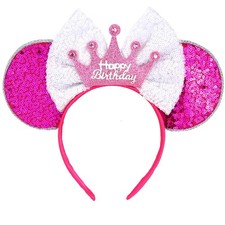 Pink Happy Birthday Headband Mouse Ears Sequined Bow Tiara Party Hat