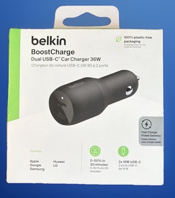 Belkin BoostCharge Dual USB-C Car Charger 36W Fast Charging Black Open Box