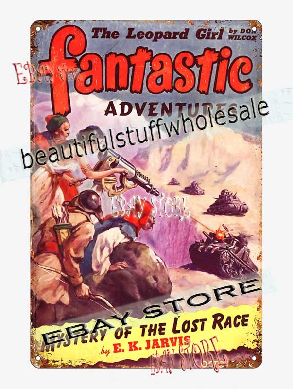A tin sign reproduction of a 1942 'Fantastic Adventures' pulp sci-fi magazine cover — instant retro-cool wall art dripping with golden-age weird fiction vibes.
