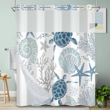 No Hook Shower Curtain with Snap-In Liner, 71 X 74 Inch Coastal Sea Turtle Cor