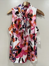 Bar III Large Blouse Women's Satin Bow Neck Sleeveless White Floral Career NEW