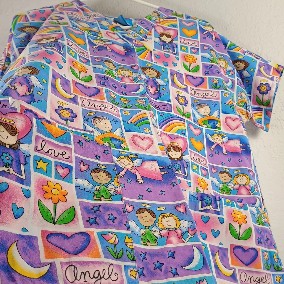 SCRUB HQ Animal Scrub Top Womens XS Angel Love Protect Heart Flower Moon - Image 3 of 4