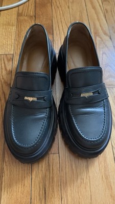 Maje Medallion Platform Penny Loafers | Forest Green Leather | Size 39 US 8.5 9