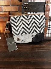 MYRA Bewilder Hair on Canvas Pouch Bag (9x7.5) Cotton Leather NWT S-1377 Makeup