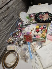 Vintage Sewing Notions Estate Craft Lot Wood Thread Spools, Snaps, Pins, Cushion