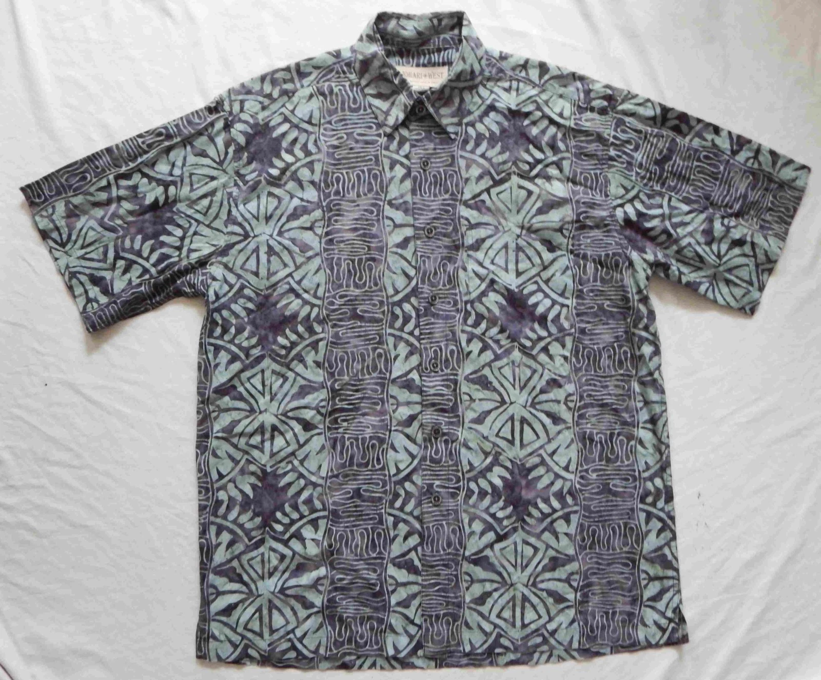 Geometric Batik Blue Green Short Sleeve Button Up Beach Shirt Large Mens Cotton