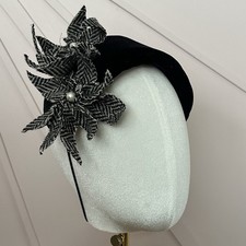 Black Velvet Padded Headband Fascinator Grey Tweed Flower Pearl Races Wedding