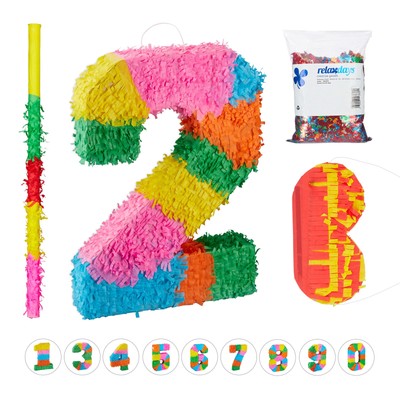 4 tlg. Pinata Set Geburtstag Zahl 2, Pinatastab mit Augenbinde, Konfetti bunt
