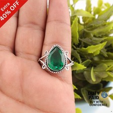 Natural Green Emerald May Birth Wedding Band Statement Ring 925 Sterling Silver