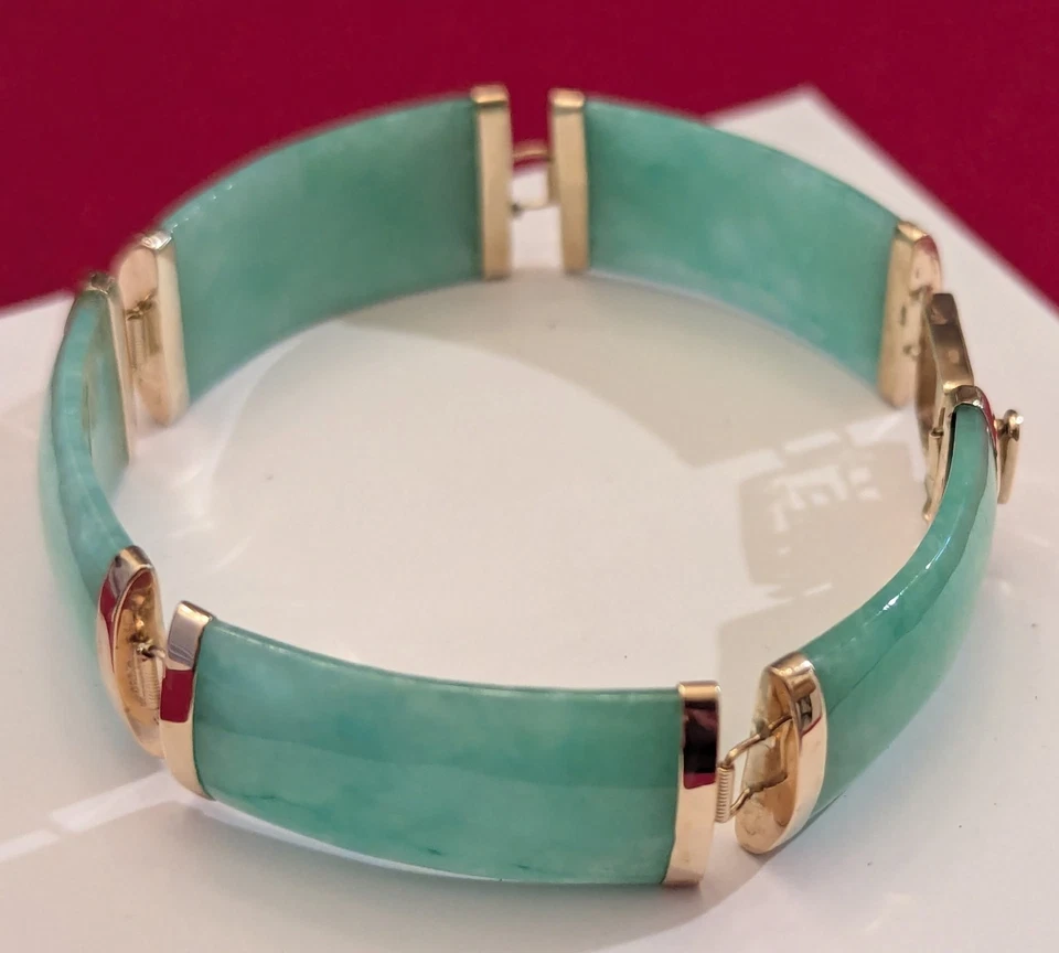 Brazalete De Colección Oro 14KT Verde Claro Jade Jadeíta 7" Estilo Asiático Precioso Cierre FU Foto 4 de 4